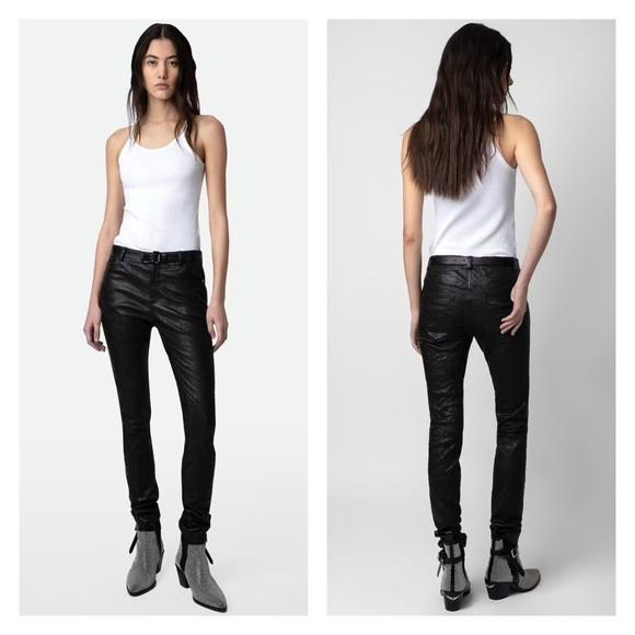 New! ZADIG & VOLTAIRE Phlame Crinkled Lambskin Leather Skinny Pants - Picture 5 of 11